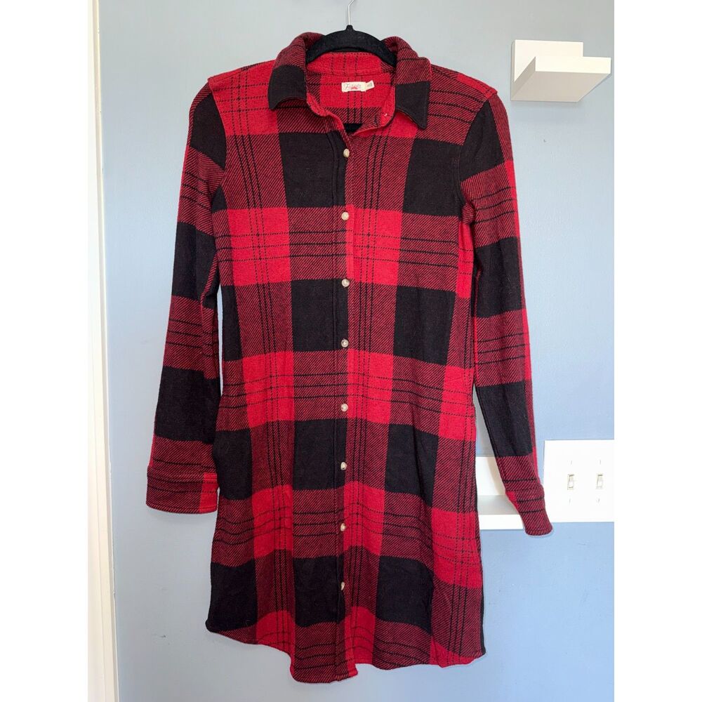 Faherty Legend Black & Red Plaid Twill Button-Down Sweater Dress | Size XS